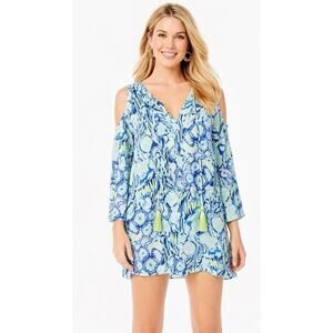 Lilly Pulitzer Benicia Open Shoulder Dress V Neck Rayon Resort Wear Beach Large